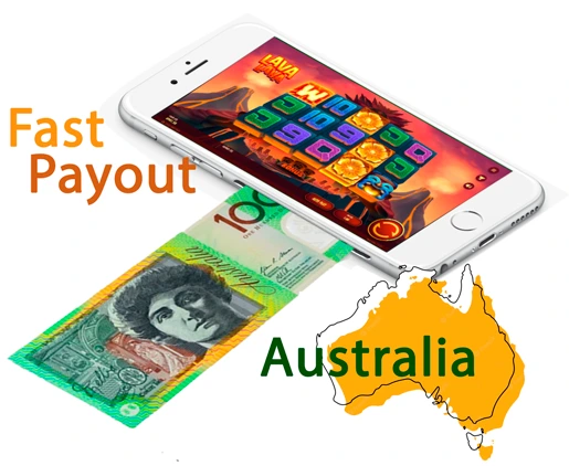 A map of Australia. a phone displaying a game found in fast payout casinos Australia and a currency note